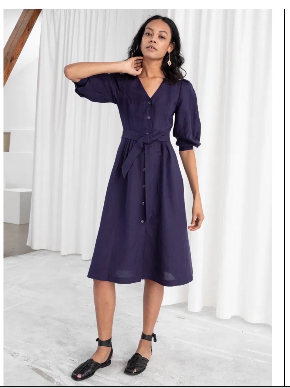 & Other Stories Deep Purple/Navy Button-Front Midi Dress with Tie Waist